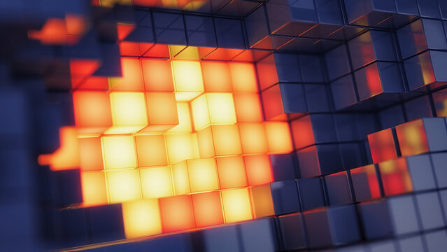 Abstract geometric blocks. 3d cube data technology background. Ai, cybersecurity, digital infrastructure concept. 3d illustration