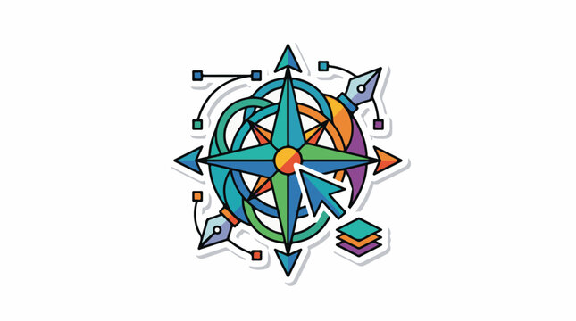 A colorful, stylized compass with arrows and fountain pens