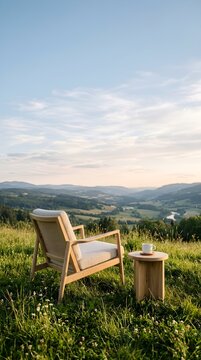 Minimalist Lounge Chair on Grassy Hill at Golden Hour