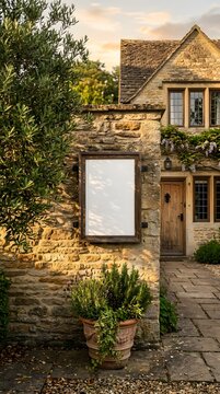 Blank Poster Mockup on Rustic Stone Wall with Warm Natural Light