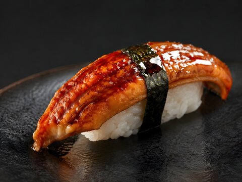 Unagi sushi nigiri with grilled eel and seaweed on black plate