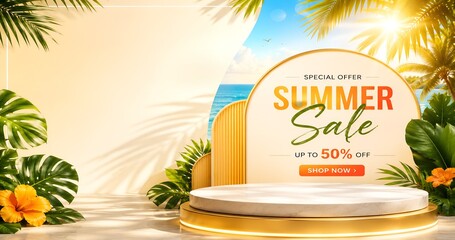 Fototapeta premium Luxury Summer Sale Banner Template with Tropical Leaves and Marble Product Podium