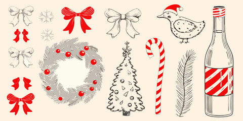 Holiday elements illustration featuring bows wreath goose and candy cane © MihirKumarMondal