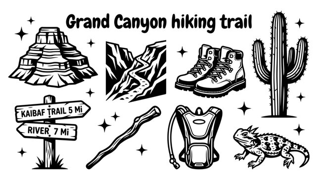 Grand Canyon hiking trail vector collection isolated for American national parks, desert landscapes, outdoor exploration, and adventure travel concepts. Black and white sketch style featuring canyon