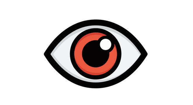 A graphic illustration of a stylized eye with a red iris and black pupil