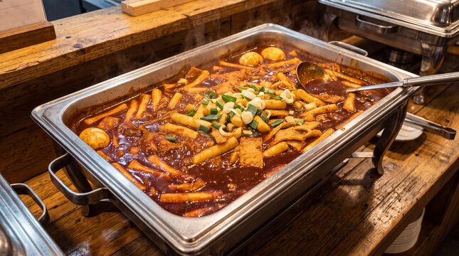 Delicious Tteokbokki served in a buffet chafing dish with hard-boiled eggs and scallions, a popular Korean street food dish