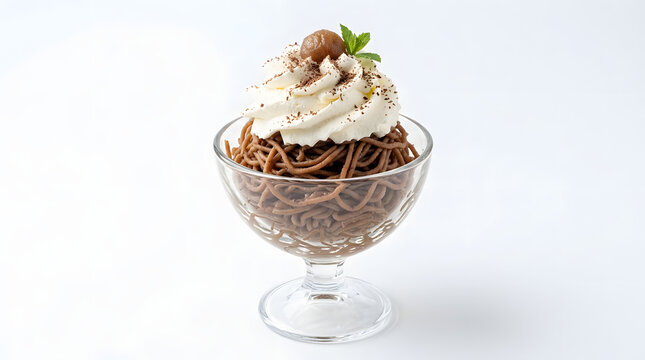 Traditional Vermicelles sweet chestnut puree with whipped cream, isolated on white. Excellent for autumn dessert menus and culinary designs