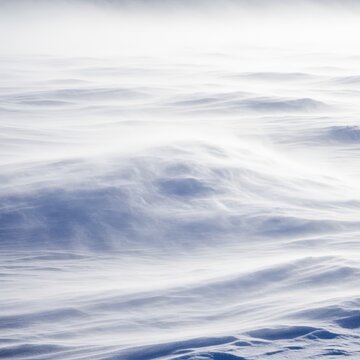 Intense winter weather event featuring heavy, driving snow creating whiteout conditions across a frozen landscape. Blustery winds whip the deep, swirling flakes, wilderness, snowfall, hostile