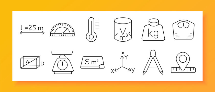 Measurement geometry set icon. Line icons depict length scale, angle protractor, thermometer, volume cylinder, weight mass, scale dial, geometric block, weighing device, area sheet, axis system