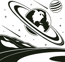 Saturn, planet, rings, space, astronomy, black and white, vector illustration, celestial body, planetary © hgkrufdssf