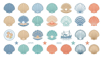 Scallop Shell Collection Vector EPS 10 Illustration Marine Seashell Icons Isolated on White © Joy