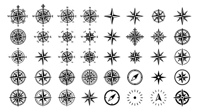 Compass Rose Navigation Icon Set Vector with Decorative Wind Rose and Directional Symbols