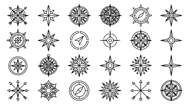 Black Compass Rose Navigation Symbols Vector Set with Classic Nautical Wind Rose Designs
