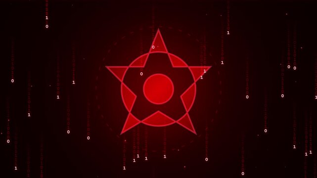 Red glowing star symbol inside a digital binary code data stream background