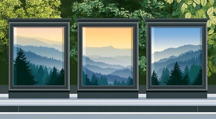 Fototapeta premium Three billboards displaying scenic mountain landscapes with trees and sky.