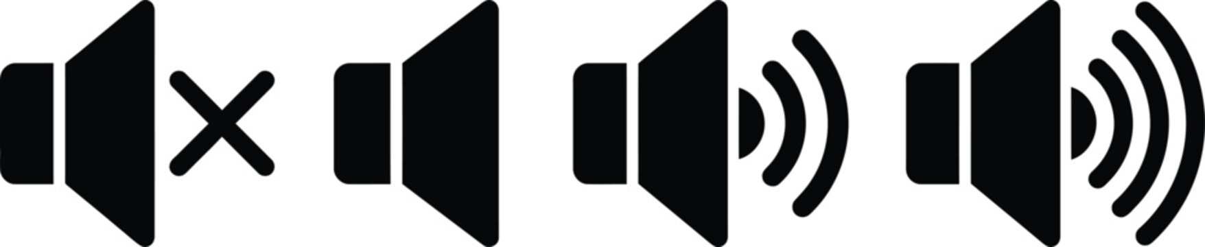 Set of black volume sound speaker icons with different audio levels and mute symbol