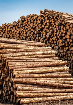 Huge pile of freshly cut timber logs stacked neatly outdoors, showcasing raw lumber materials from a dense woodland area, forest, large, grain
