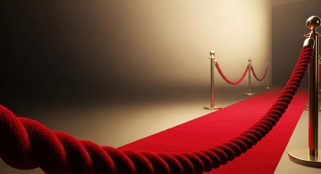 Longue tra&icirc;n&eacute;e de velours rouge menant &agrave; l'entr&eacute;e d'un &eacute;v&eacute;nement exclusif. Symbole de luxe, de c&eacute;l&eacute;brit&eacute; et de bienvenue prestigieuse, accueil, passerelle, glamour
