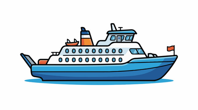 A large blue and white boat with a small orange flag on the right side