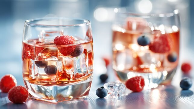 Two sparkling berry mocktails with ice and raspberries