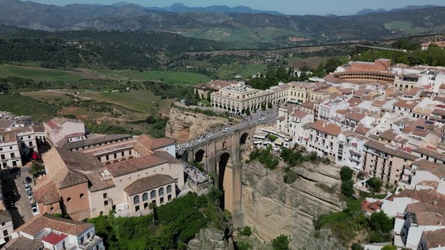 Aerial panoramic vertical view of the Puente Nuevo (New Bridge) in Ronda, Granada, Andalusia, Spain.
