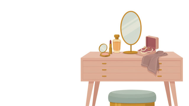 Minimalist vanity setup with mirror, perfume, and makeup on light wooden table Vector