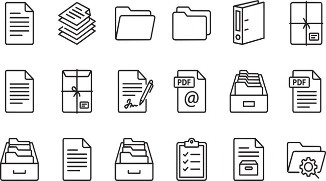Set of professional document management and office organization vector graphic icons presented in a clean minimalist style on transparent background