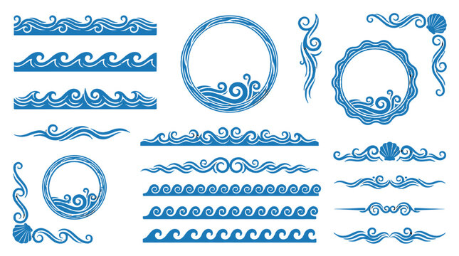 Blue ocean wave borders and circular decorative frames set