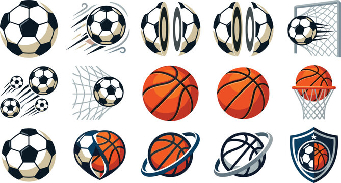 Dynamic Soccer and Basketball Action Graphic Icon Set with Goal Net Striking Flying Motion Speed Trails Halved Spheres Planetary Orbit Loops and Tournament Crest Shield Badges