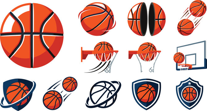 Dynamic Basketball Gameplay and Tournament Logo Icon Set with Swishing Rim Hoops Halved Spheres Planetary Orbit Rings Speed Trails Backboards and Athletic Varsity Shield Badges