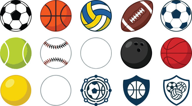 Multi Sport Athletic Game Ball Collection Featuring Soccer Basketball Volleyball Rugby Tennis Baseball Bowling Spheres and Team Shield Logo Vector Graphic Designs