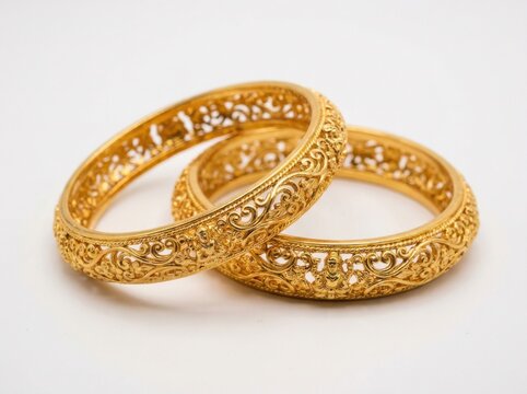 Two ornate gold bangles with intricate filigree and deity motifs isolated on white background