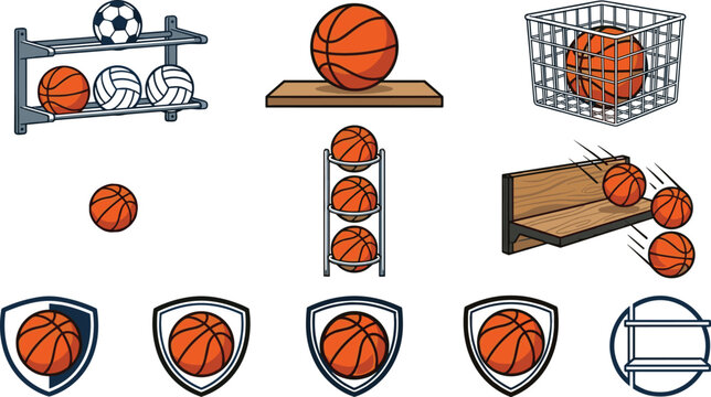 Basketball Equipment Storage and Gym Organizers Icon Set with Wall Mounted Shelves Metal Wire Baskets Ball Racks Bouncing Spheres and Team Shield Badges