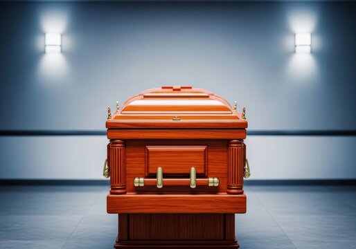Somber, elegant wooden funeral casket displayed respectfully in a quiet, formal setting, emphasizing final departure and memorial, handcrafted, grief, death