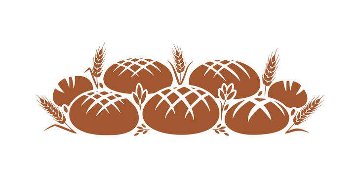 Sourdough Bread Flat Vector Illustration with Wheat Ears, Artisan Bakery Loaf Graphic, Rustic Homemade Boule and Buns Silhouette Design
