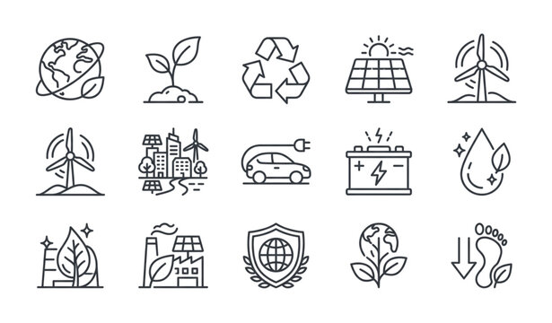Premium Environment Monoline Icon Pack with Sustainability and Renewable Energy Symbols