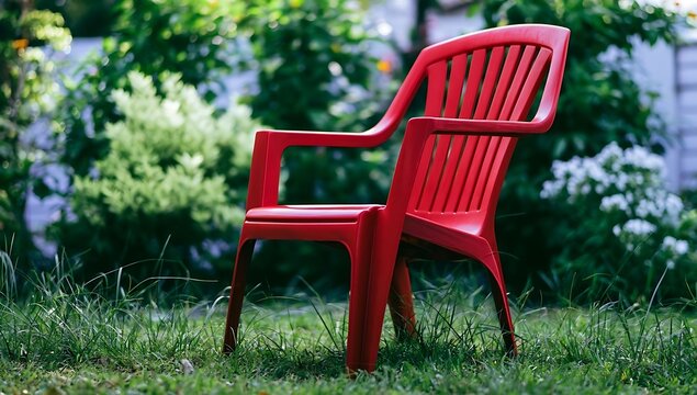 A solitary red plastic chair sits outdoors in a lush green garden on a sunny day.