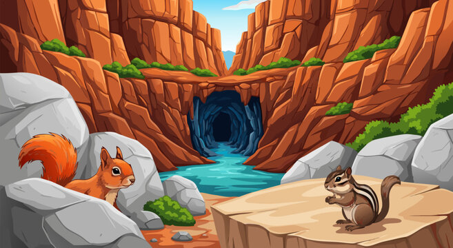 Cute Squirrel and Chipmunk Wilderness Canyon Vector Illustration Design for Nature Forest Adventure Concept 25