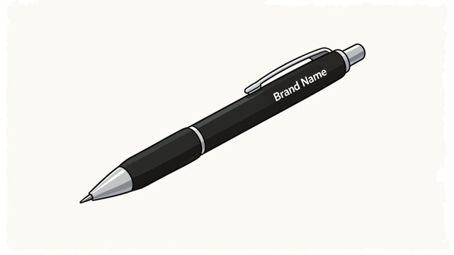Vector illustration of a modern black ballpoint pen with silver clip and tip, featuring 'Brand Name' text placeholder, minimalist design style