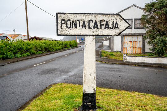 Road sign indicating direction to Ponta da Faj&atilde;, Flores Island, Azores, Portugal.