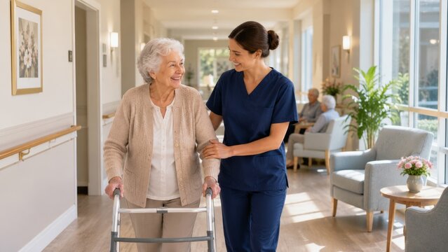 Smiling Caregiver Assisting Senior Woman Walking with Walker in Modern Nursing Home