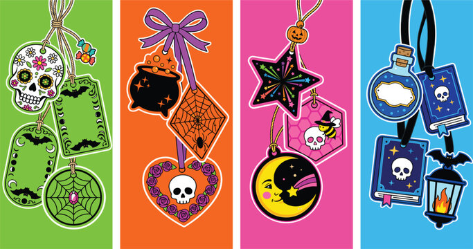 Halloween Spooky Hanging Charm Tag Set with Sugar Skull Day of Dead Cauldron Spider Web Moon Star Witch Bee Potion Book Lantern Vector Illustration