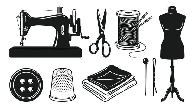Black sewing and tailoring tools set in vintage silhouette style