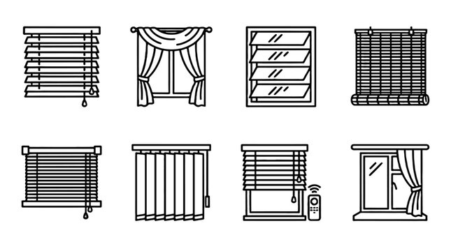 Window blinds and curtains line icon set