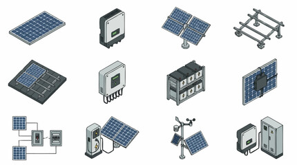 Fototapeta premium Solar energy technology and renewable power systems icons.