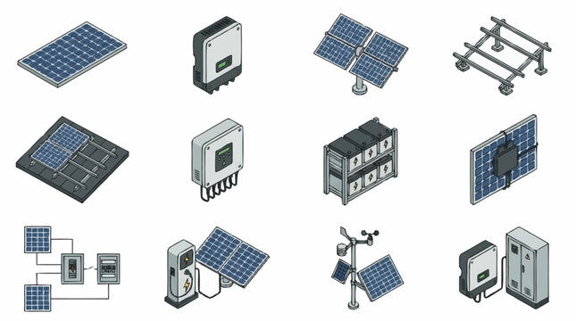 Solar energy technology and renewable power systems icons.