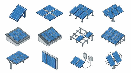 Fototapeta premium Collection of blue solar panels in various isometric views.