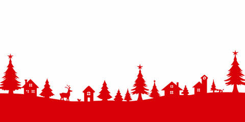 Winter scene silhouette with trees houses and reindeer against white background © Indira