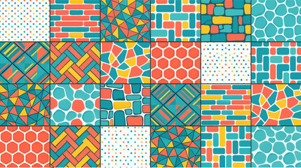 Obraz premium Seamless Vector Patterns Grid with Geometric and Organic Textures, Flat Design, Coral, Teal, Yellow Color Palette