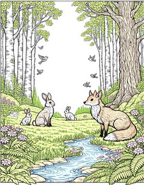 Enchanted Forest Scene with Bunnies Fox Birds and Stream in Hand-Drawn Illustration